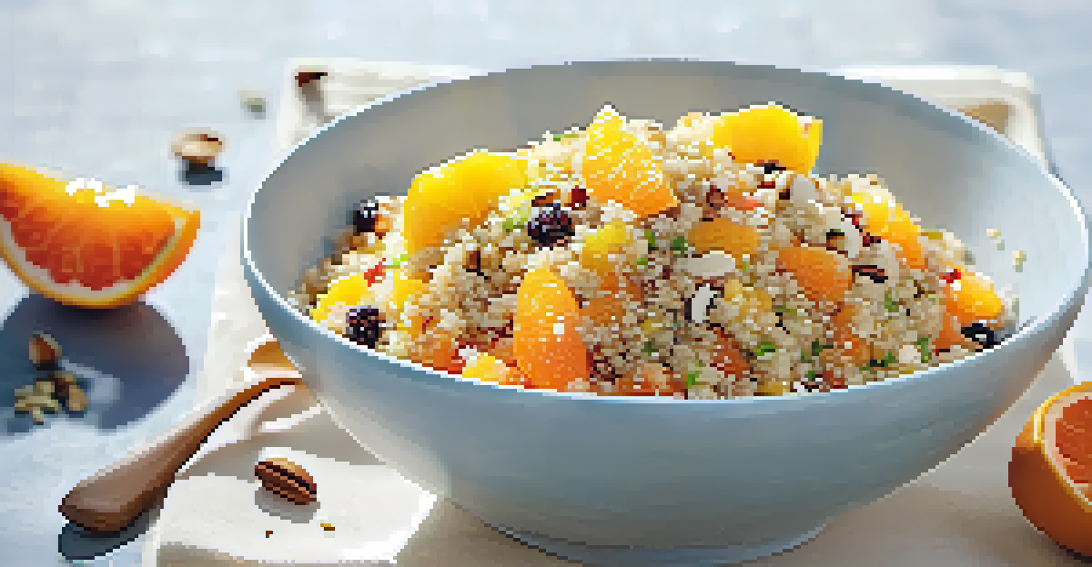 A colorful quinoa salad with orange and grapefruit segments, topped with nuts and seeds in a clear glass bowl.