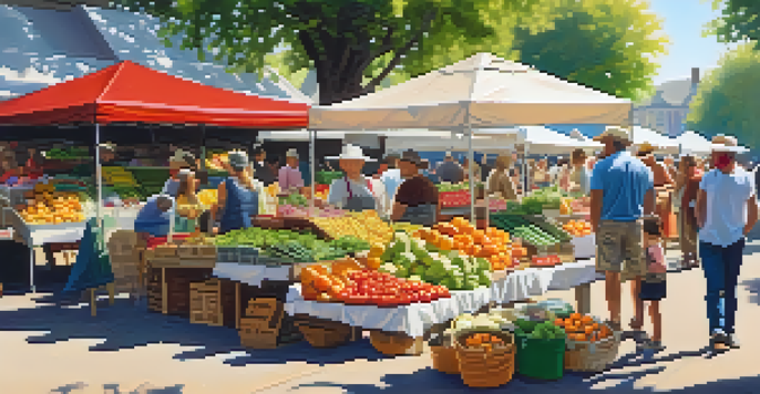 A lively farmer's market filled with colorful fruits and vegetables, featuring diverse shoppers and sunlit stalls.
