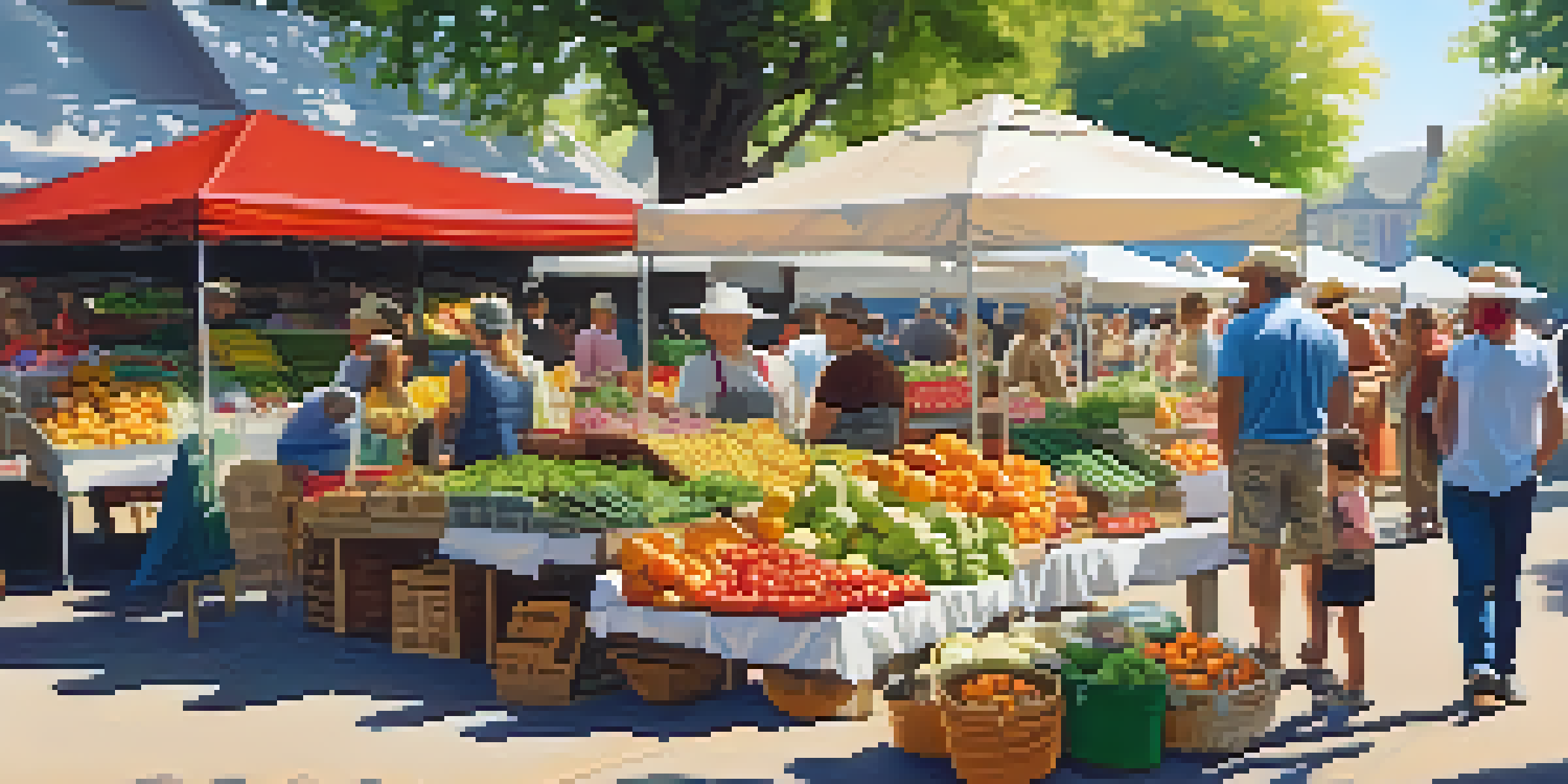 A lively farmer's market filled with colorful fruits and vegetables, featuring diverse shoppers and sunlit stalls.
