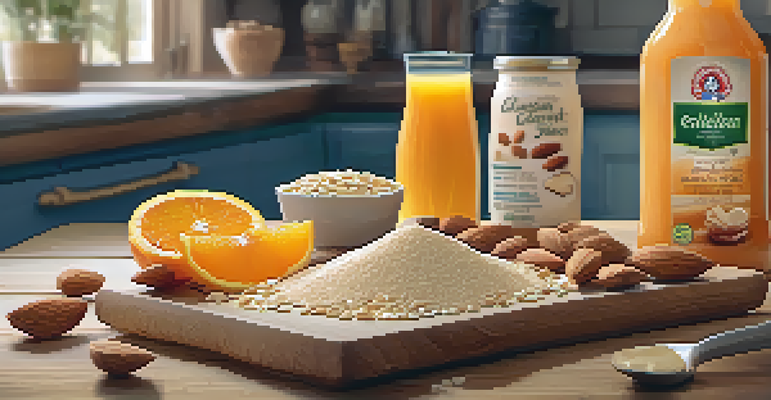A close-up view of calcium-rich snacks including almonds, tahini, and a bowl of fortified orange juice on a wooden cutting board, set against a softly lit kitchen background.