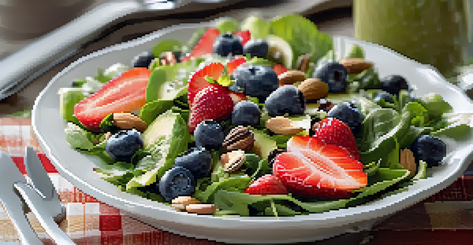 A fresh salad with mixed greens and berries, served in a white bowl with a fork beside it.