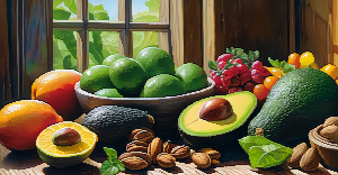 A colorful vegan meal arranged on a wooden table, showcasing fruits, vegetables, and nuts in bright, natural lighting.