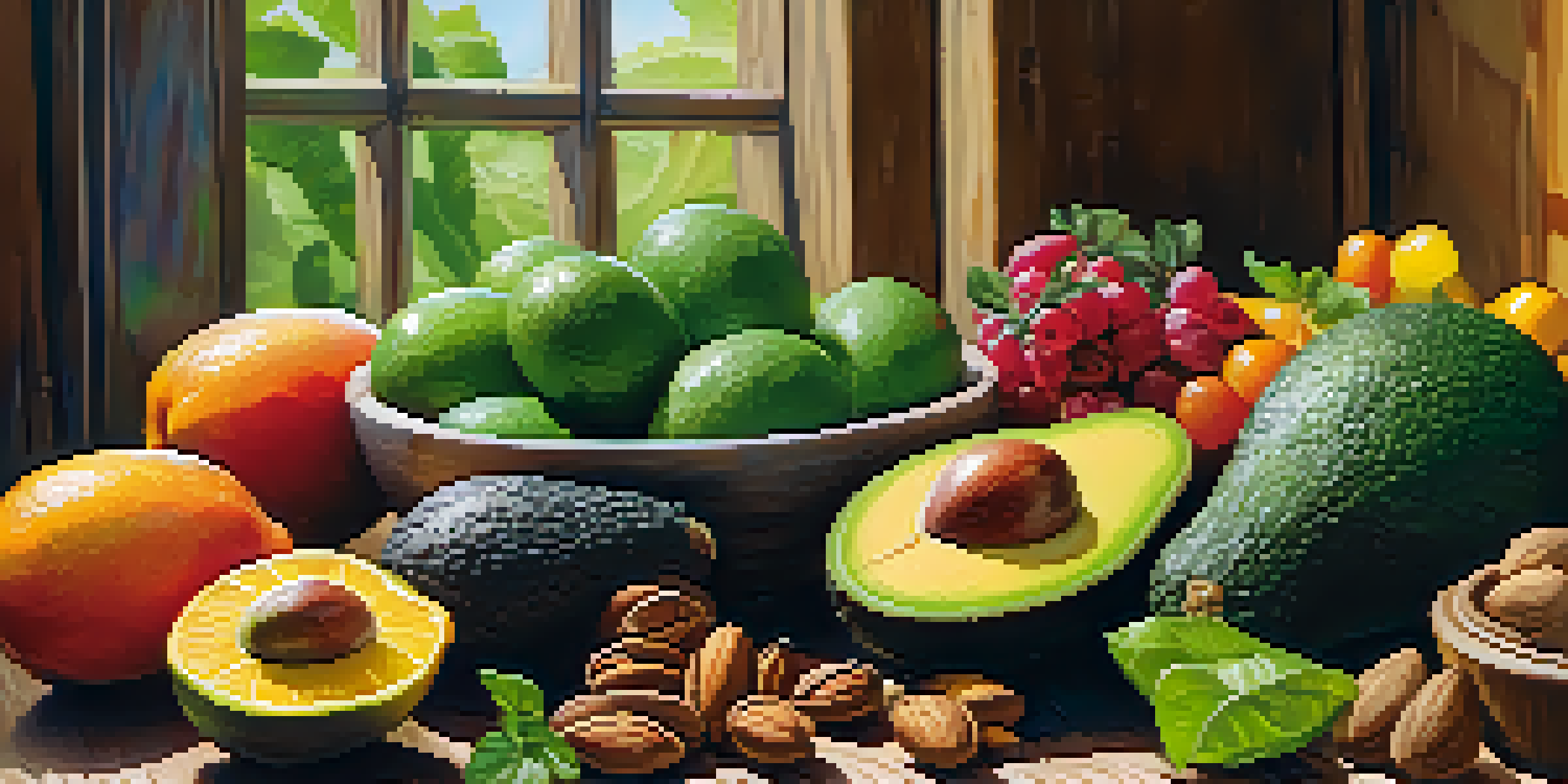 A colorful vegan meal arranged on a wooden table, showcasing fruits, vegetables, and nuts in bright, natural lighting.