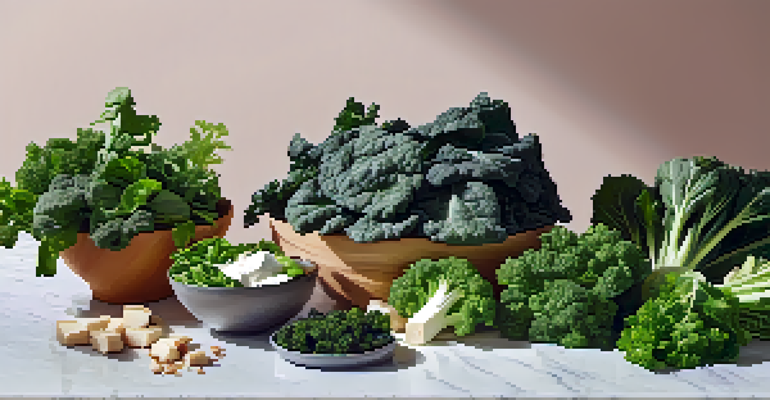 An assortment of leafy greens and plant-based calcium sources on a marble countertop.