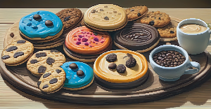 A vegan dessert platter with a variety of colorful cookies arranged on a wooden board.
