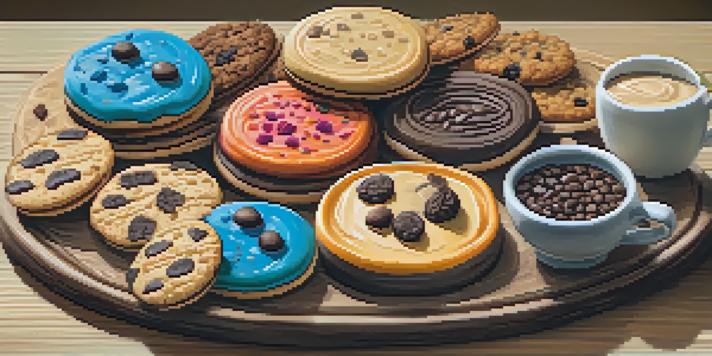 A vegan dessert platter with a variety of colorful cookies arranged on a wooden board.
