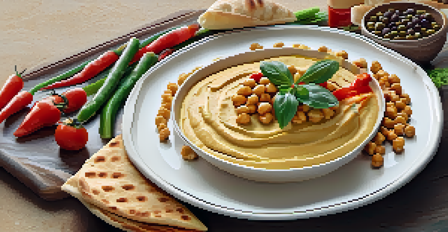 A bowl of hummus with chickpeas, olive oil, and pita bread, surrounded by colorful vegetable sticks.