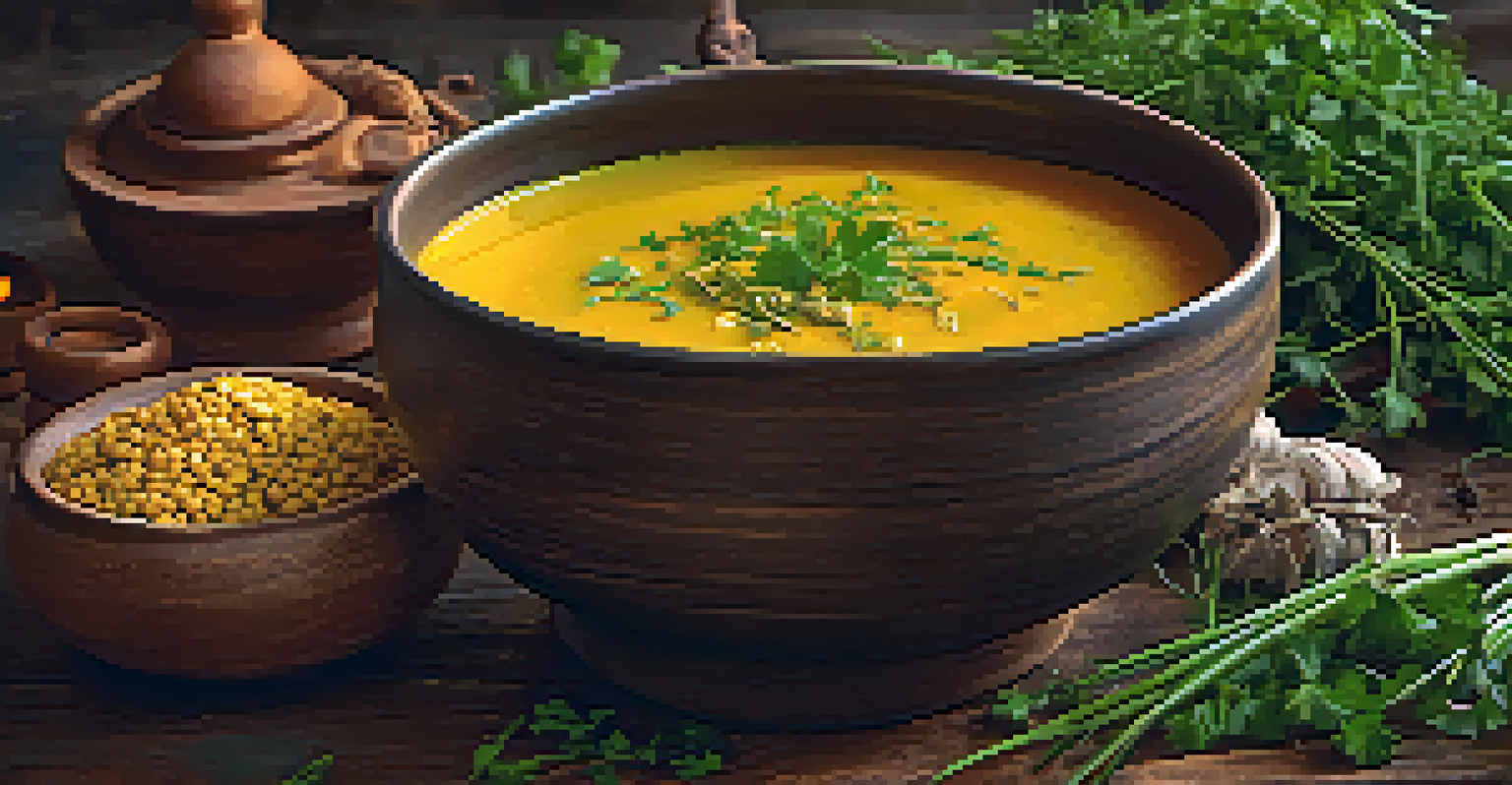 A close-up of a bowl of turmeric lentil soup with spices on a wooden table.