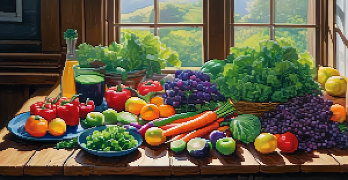 A colorful spread of vegan foods on a wooden table with various fruits and vegetables.