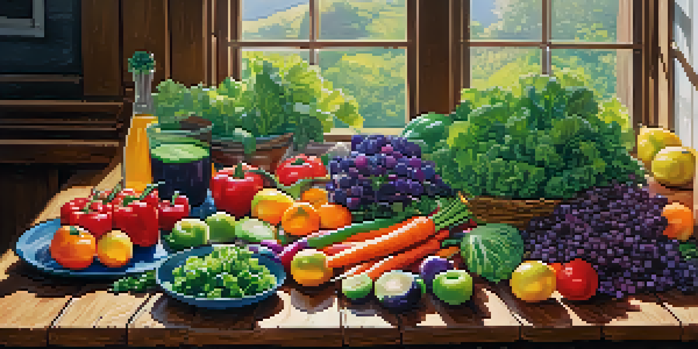 A colorful spread of vegan foods on a wooden table with various fruits and vegetables.