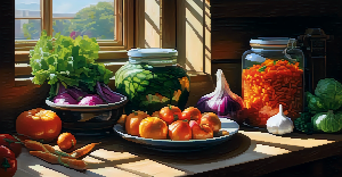 A bright kitchen with fresh vegetables and fruits on a wooden countertop, including a glass jar of kimchi in the center, surrounded by garlic and herbs, illuminated by soft natural light.