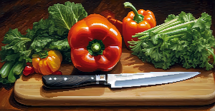 A chef's knife rests on a wooden cutting board with colorful chopped vegetables around it in a rustic kitchen.