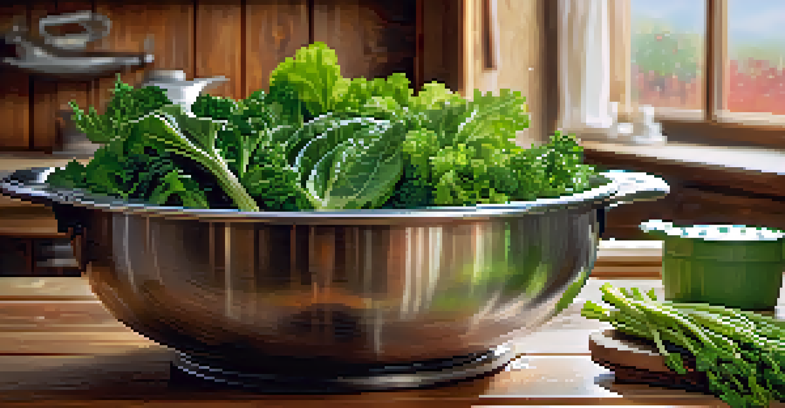 Close-up of freshly washed leafy greens in a colander with water droplets, on a rustic wooden kitchen table.