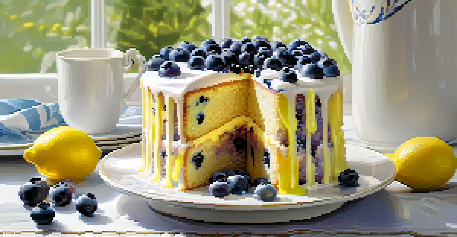 A zesty lemon and blueberry cake with a lemon glaze and blueberries on a white plate, illuminated by bright sunlight.