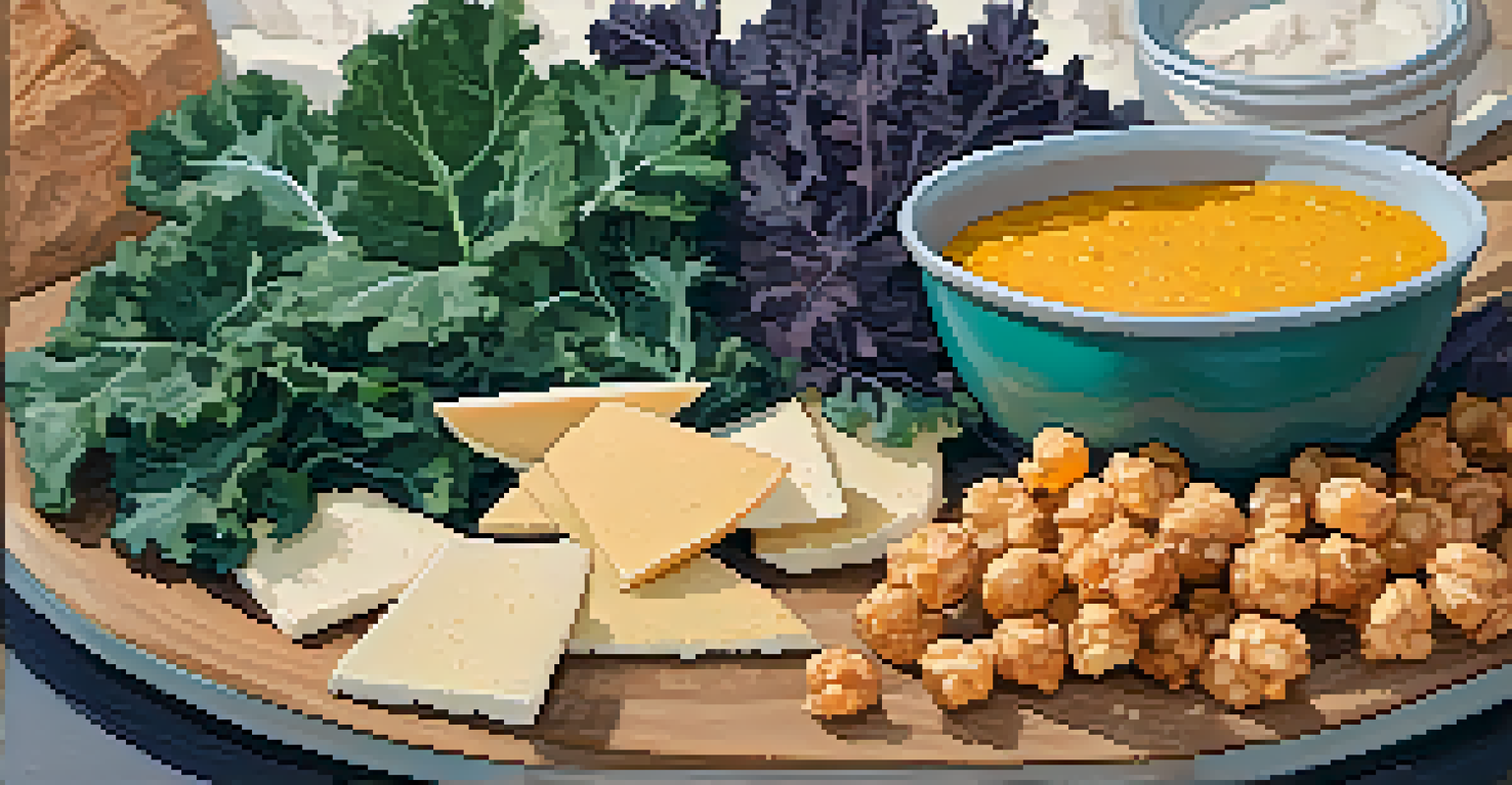 An assortment of colorful plant-based snacks on a textured platter, including kale chips and chickpea crisps, set against a warm background.