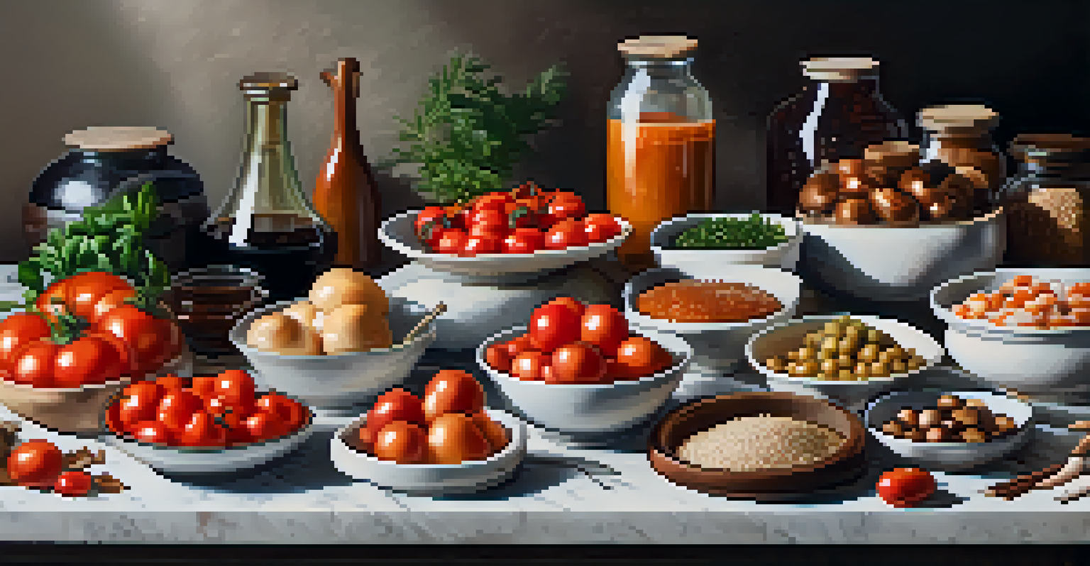 An artistic display of umami-rich ingredients including mushrooms, tomatoes, soy sauce, and miso paste on a marble countertop.