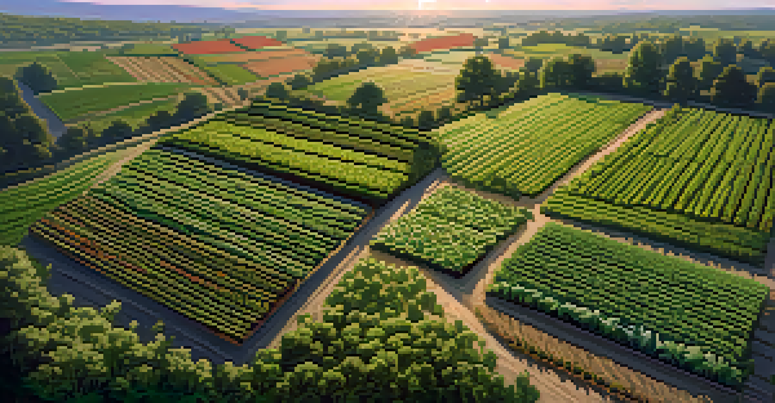 An aerial view of a diverse and lush farm with various crops and surrounding natural landscapes.