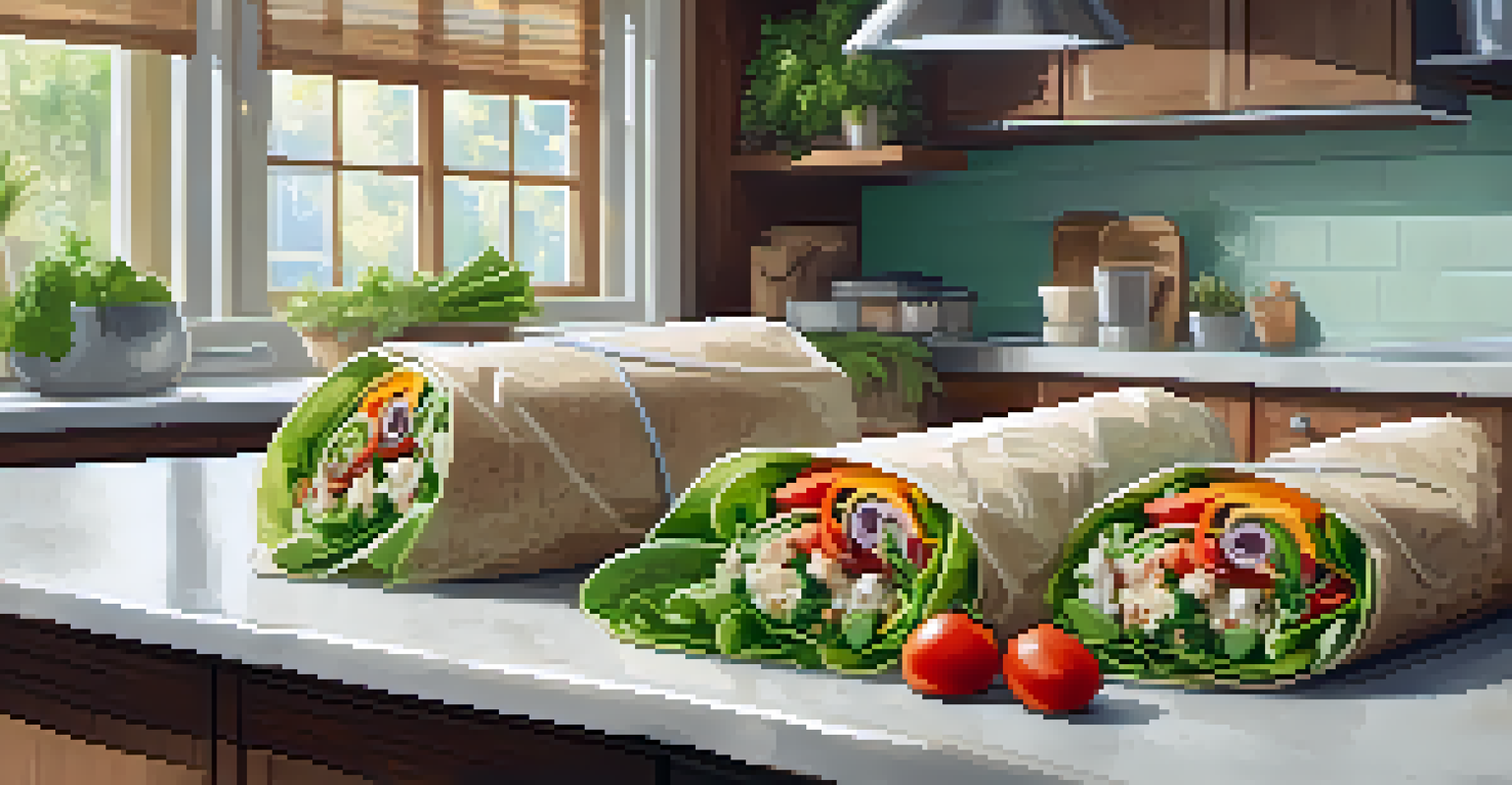 An organized meal prep scene with vegan wraps and containers of dressings and vegetables on a kitchen countertop.