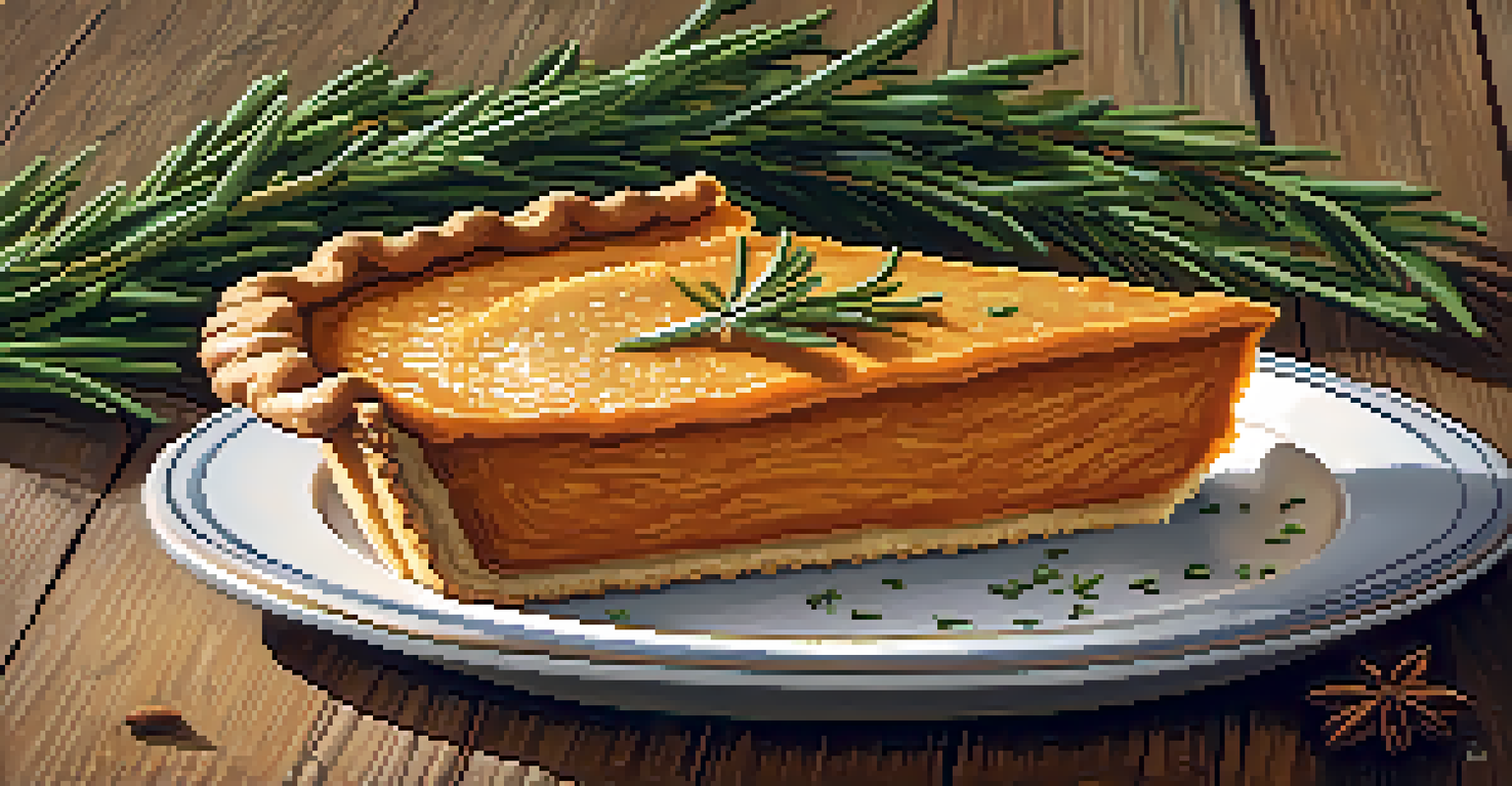 A sweet potato pie topped with nutmeg and salt, decorated with rosemary, on a rustic wooden table, illuminated by warm light.