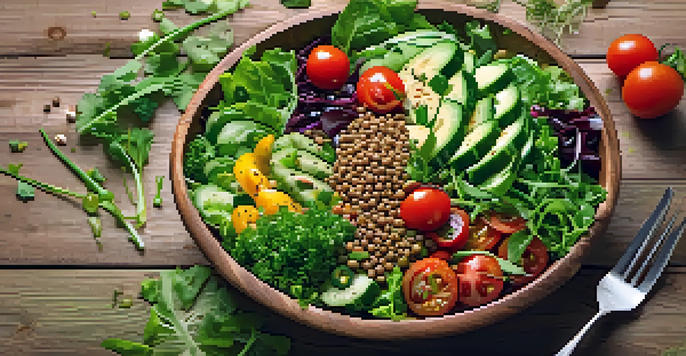A colorful vegan salad bowl with lentils, greens, tomatoes, and vinaigrette, presented in a rustic wooden bowl.