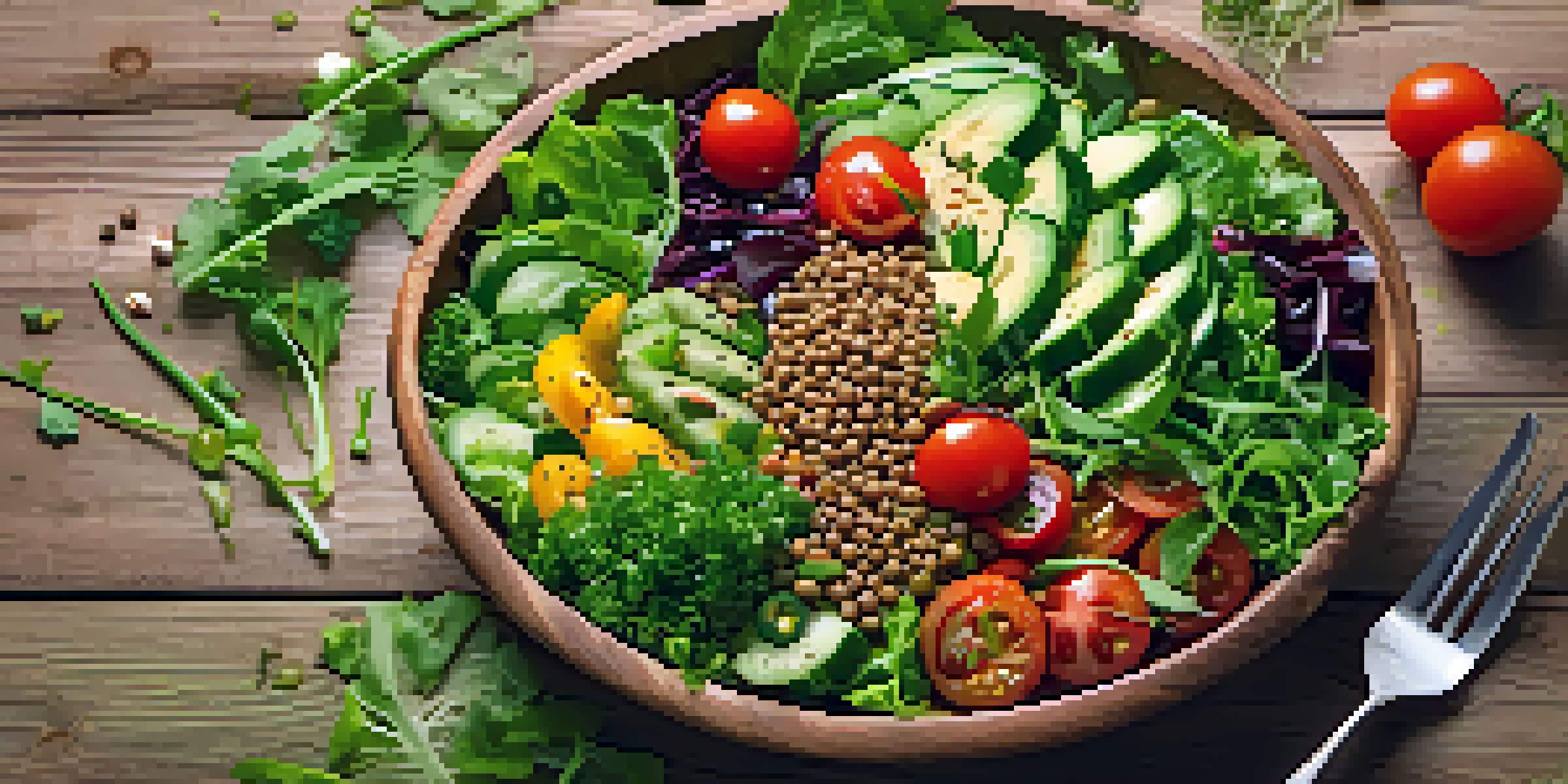 A colorful vegan salad bowl with lentils, greens, tomatoes, and vinaigrette, presented in a rustic wooden bowl.