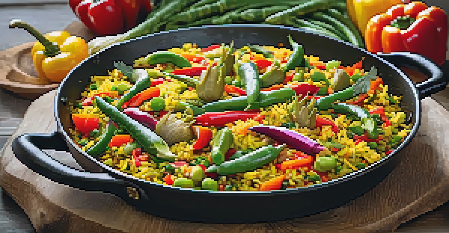 A colorful vegan paella in a skillet, filled with vegetables and saffron rice, presented on a festive dining table.