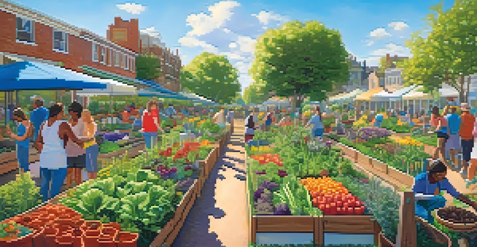 A bustling community garden with diverse plants and people gardening together under a clear blue sky.