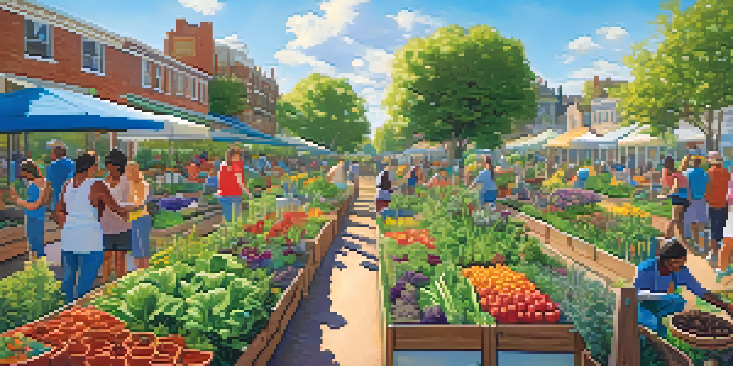 A bustling community garden with diverse plants and people gardening together under a clear blue sky.
