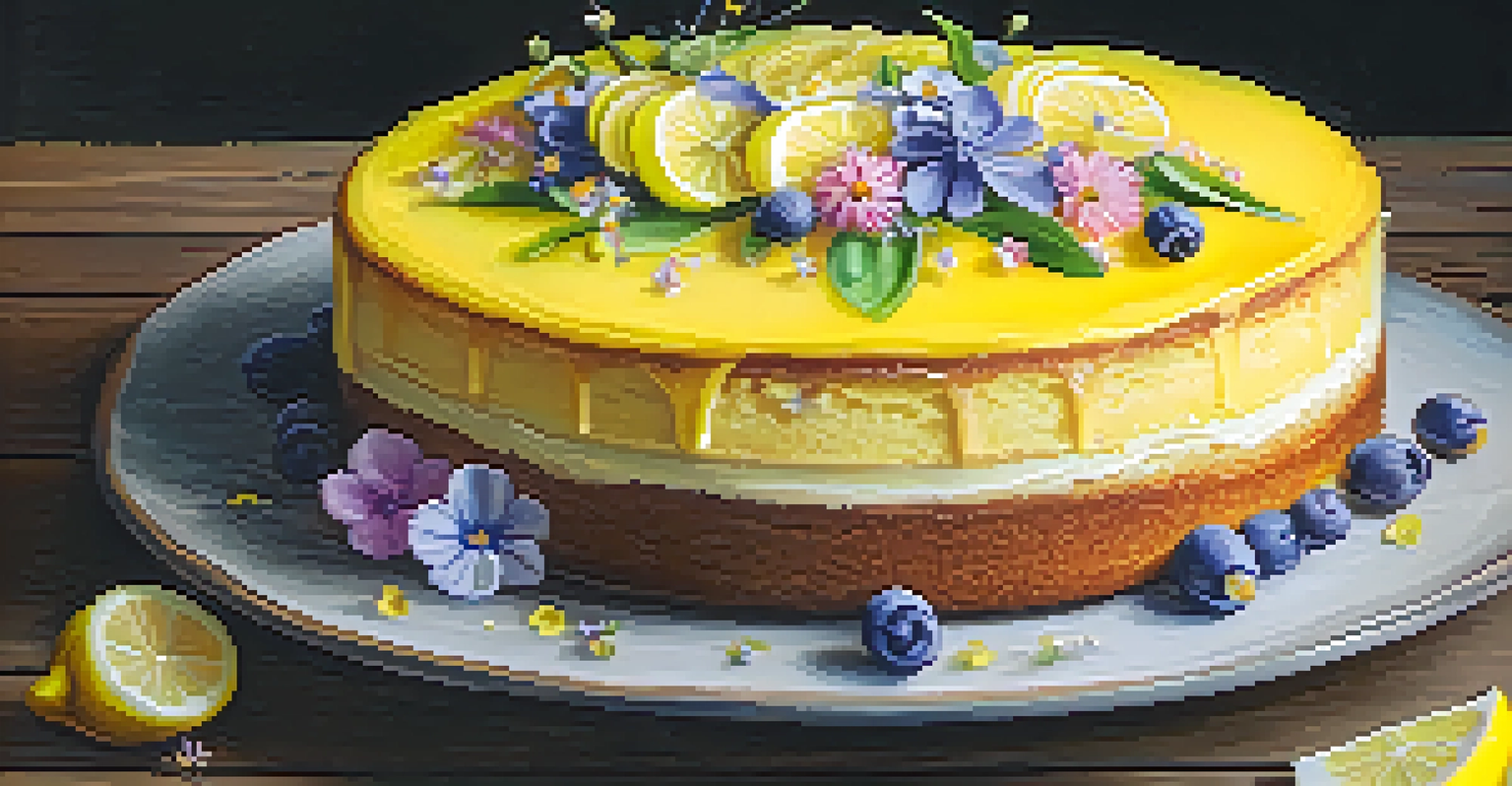 A stunning vegan lemon cake with fresh lemon slices and edible flowers, displayed on a rustic wooden table.