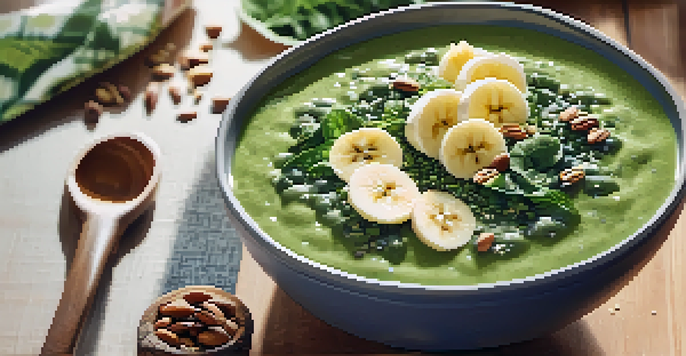A colorful breakfast smoothie bowl with spinach, banana, chia seeds, and nuts, illuminated by natural sunlight.