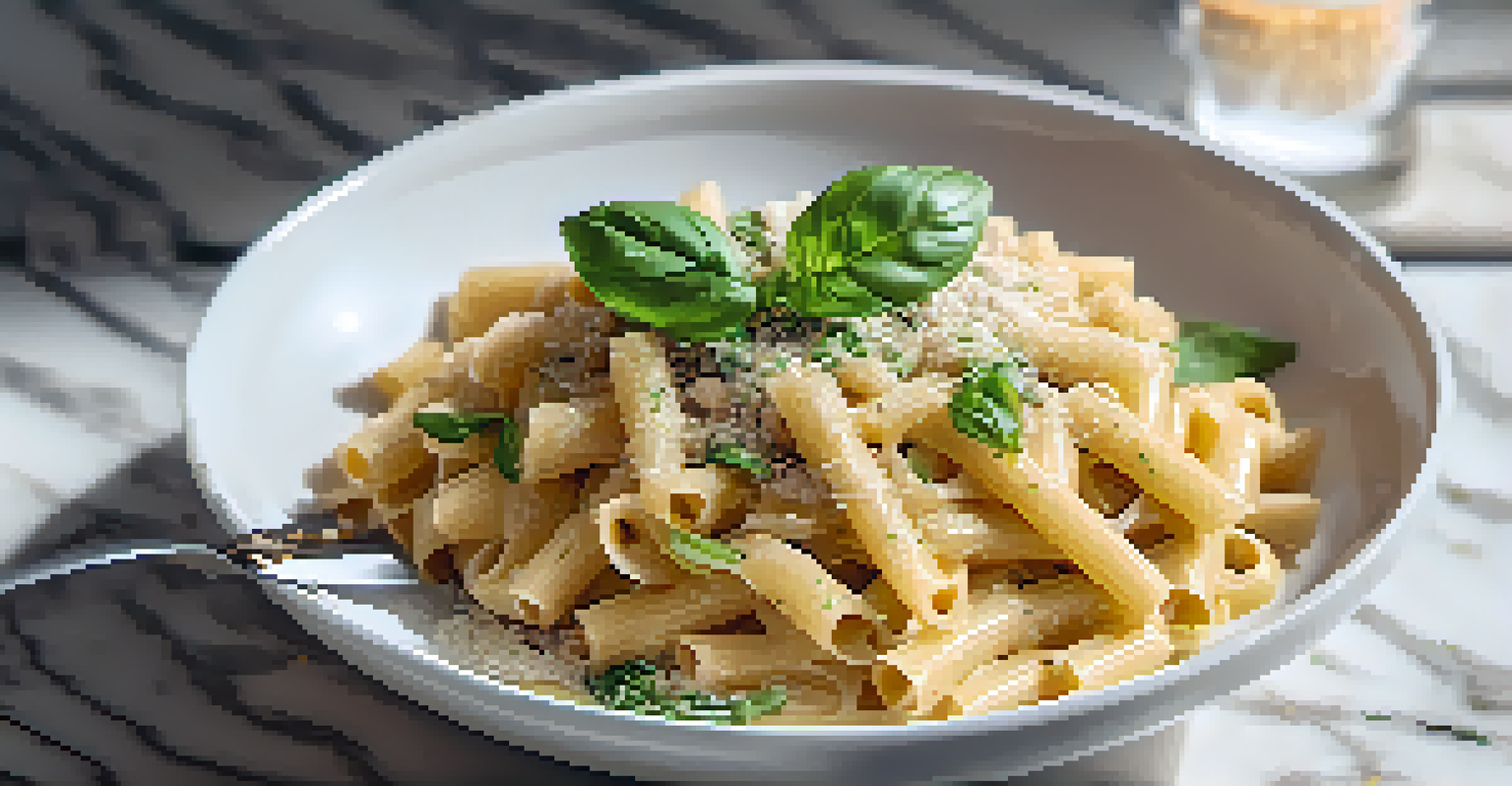 A creamy vegan pasta in a white bowl on a marble countertop, garnished with basil, illuminated by warm lighting.