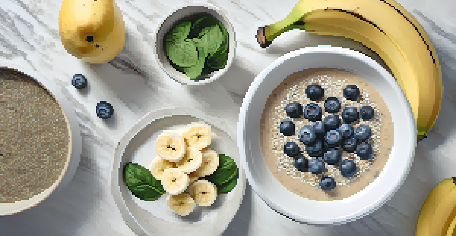 A smoothie bowl topped with spinach, blueberries, and bananas, set on a marble table with natural light.