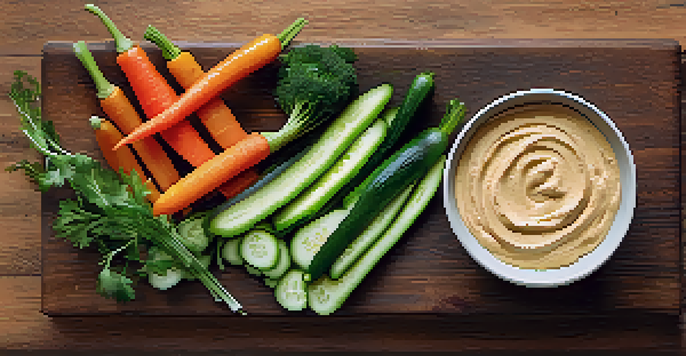 A colorful assortment of fresh vegetable sticks with a bowl of hummus on a wooden table, under natural light.