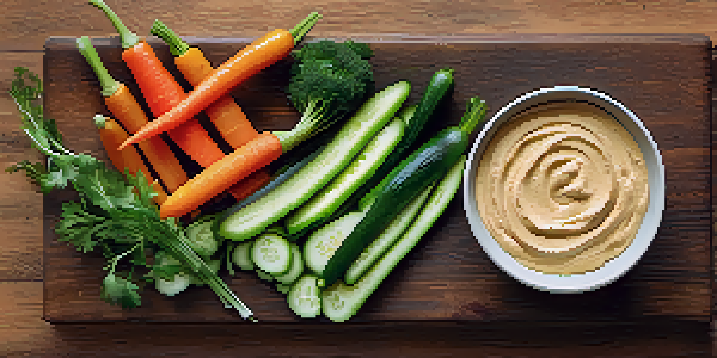 A colorful assortment of fresh vegetable sticks with a bowl of hummus on a wooden table, under natural light.