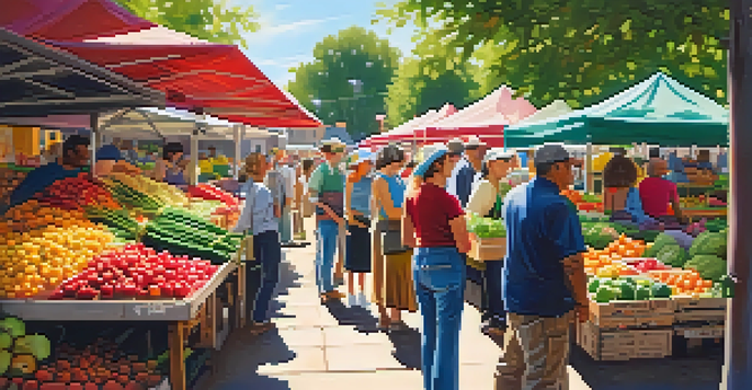 A lively farmer's market filled with colorful fruits and vegetables, with people shopping and enjoying the atmosphere under sunlight.