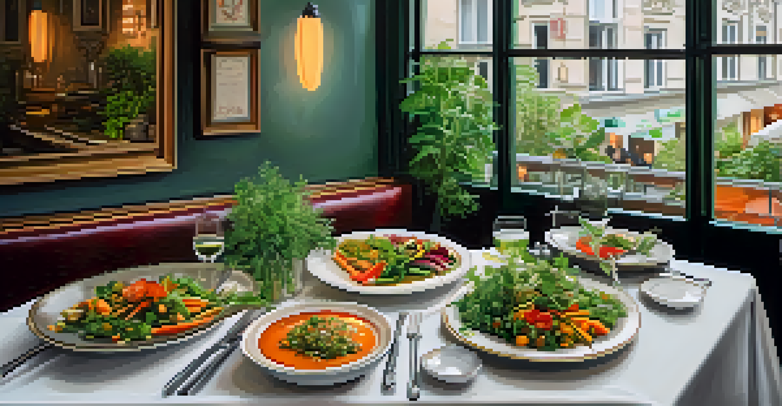 A stylish dining setup showcasing gourmet vegan dishes in a Berlin restaurant with warm lighting.