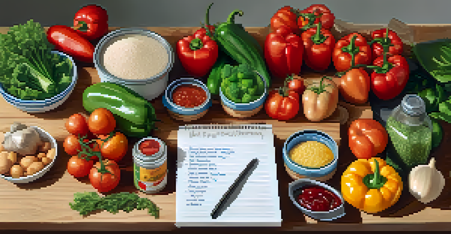 A close-up of a vegan grocery list on a wooden countertop surrounded by fresh vegetables and fruits.