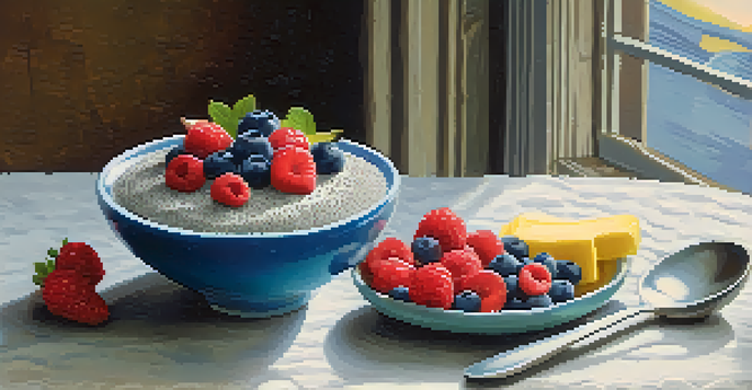 A colorful bowl of chia seed pudding topped with fresh berries and banana slices on a wooden table, with morning light illuminating the scene.