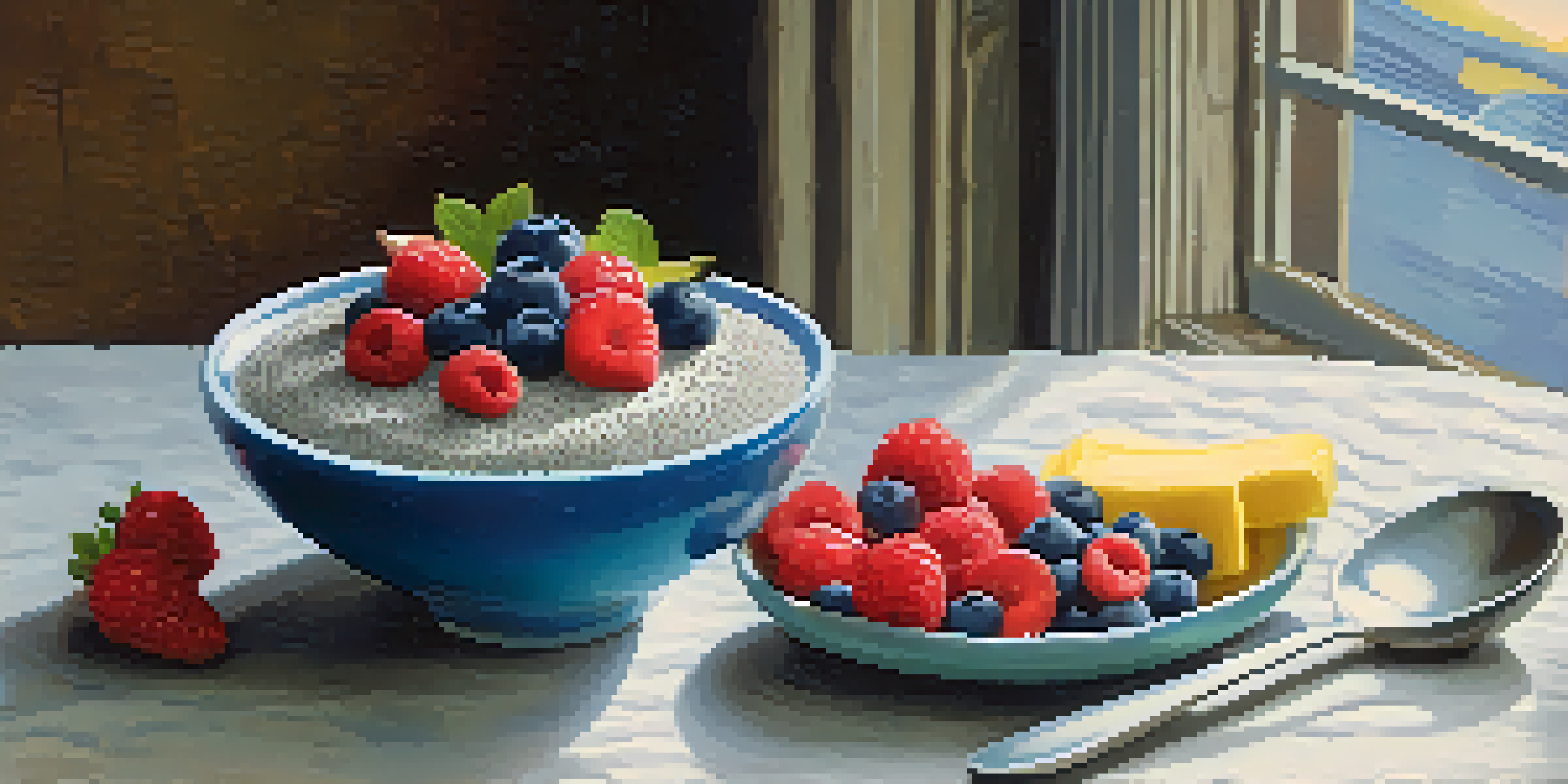 A colorful bowl of chia seed pudding topped with fresh berries and banana slices on a wooden table, with morning light illuminating the scene.