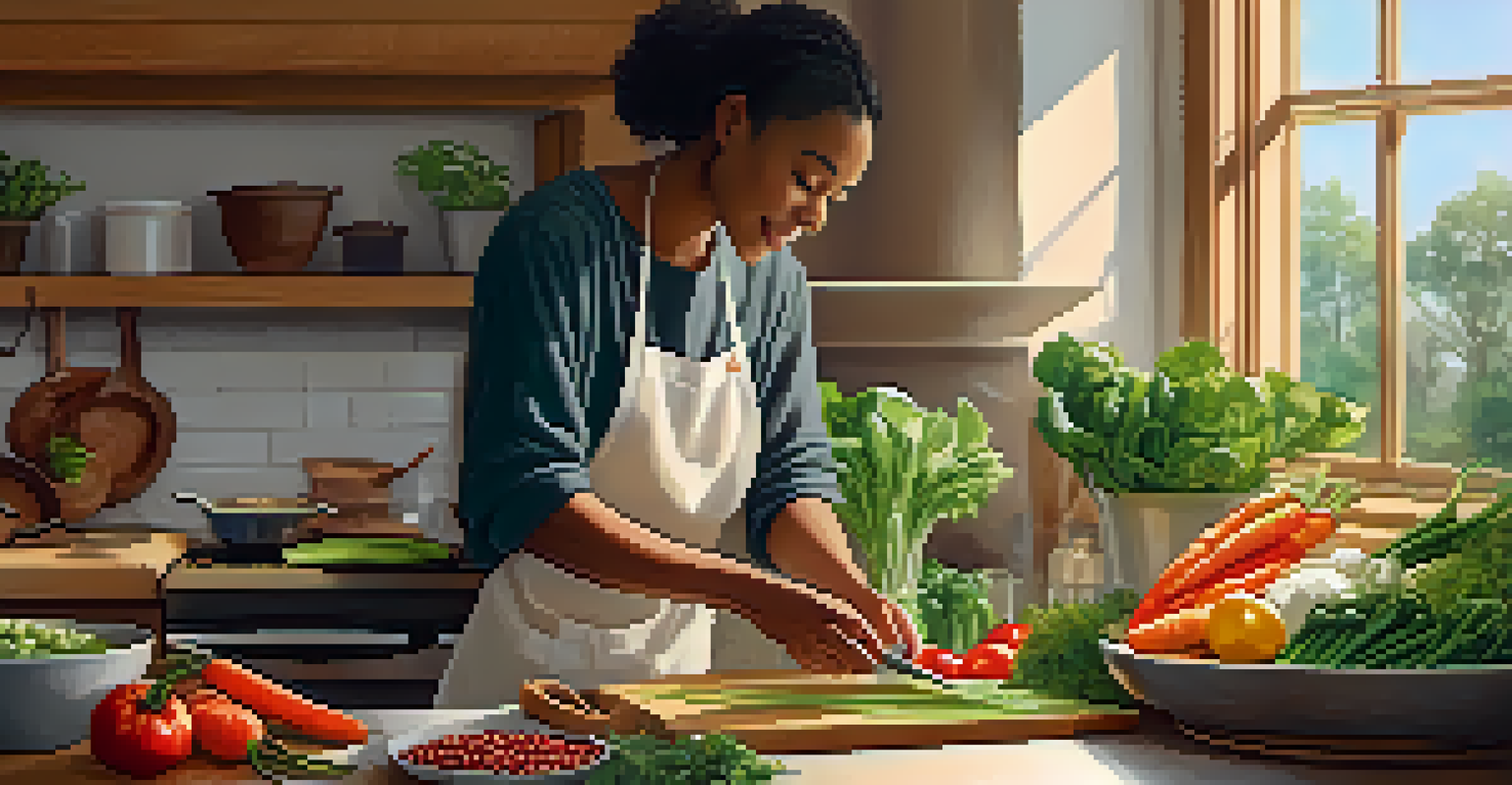 A person preparing a plant-based dish in a cozy kitchen, with fresh vegetables and grains on the countertop.