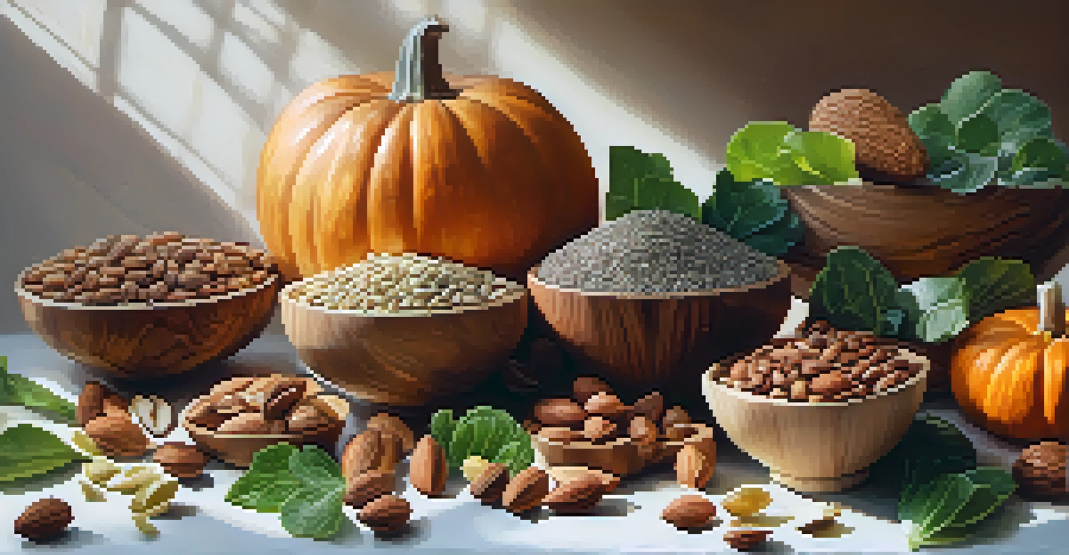 A close-up of a wooden bowl filled with assorted nuts and seeds, surrounded by fresh greens and fruits.