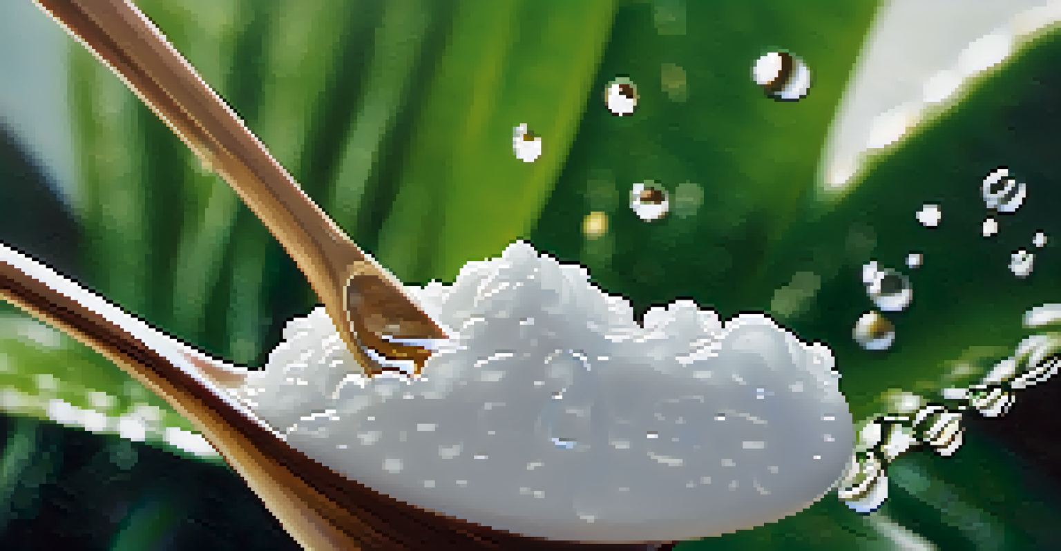 A spoon with melted coconut oil, set against a blurred background of tropical leaves and a coconut shell.