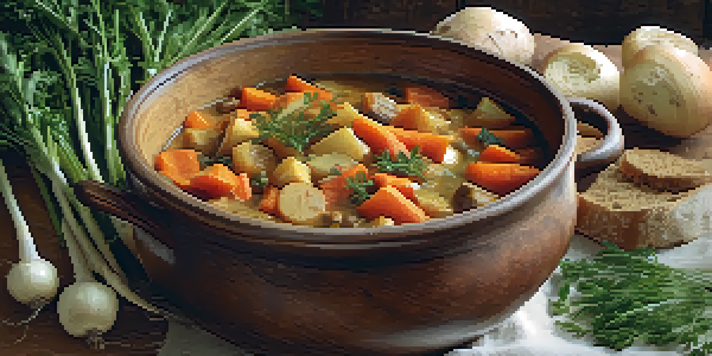 A rustic wooden bowl filled with colorful root vegetable stew, garnished with herbs, beside a slice of whole-grain bread.