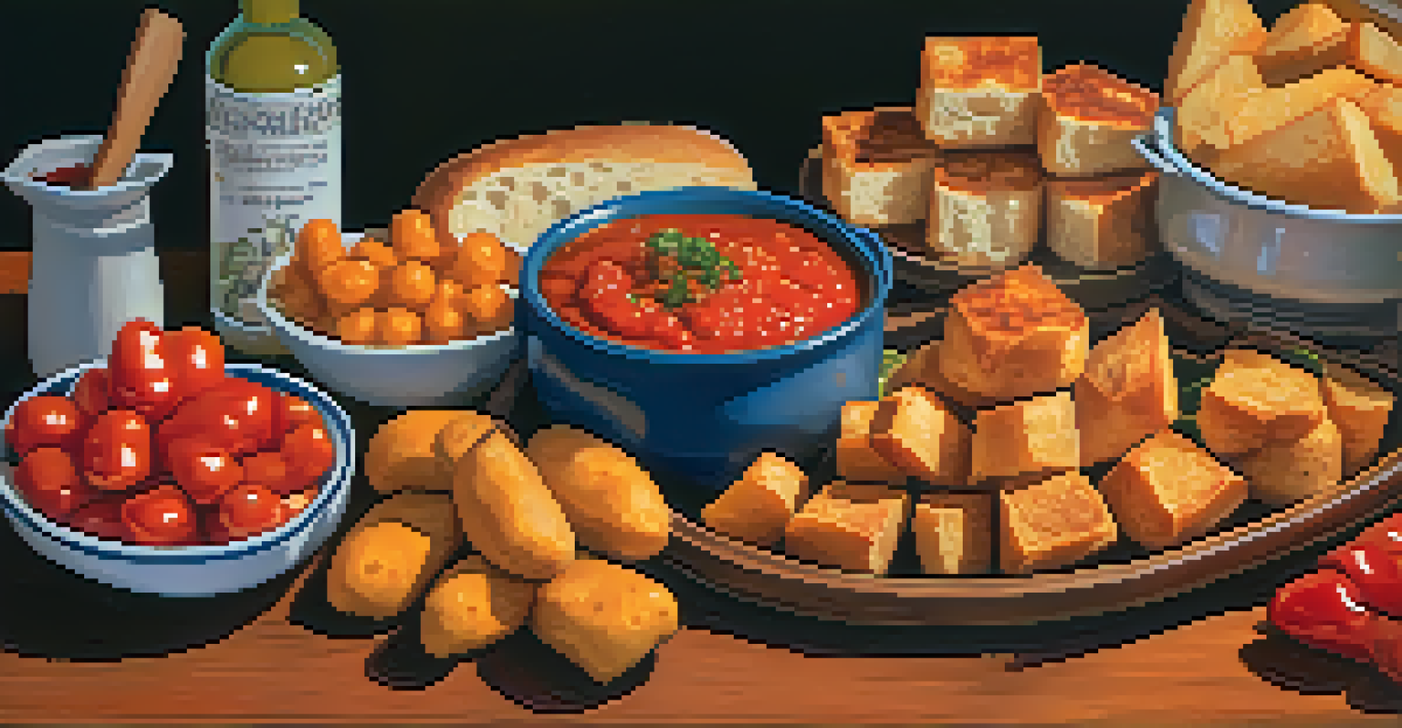 A variety of Spanish vegan tapas including patatas bravas and escalivada on a wooden table with warm candlelight.