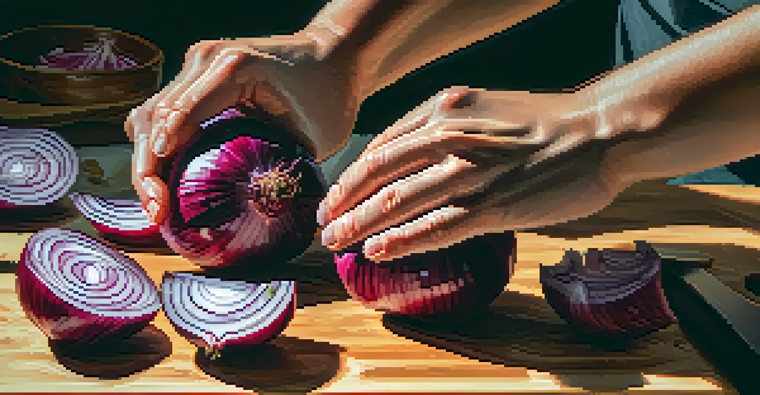 Hands demonstrating the claw grip technique while chopping red onions on a wooden cutting board.