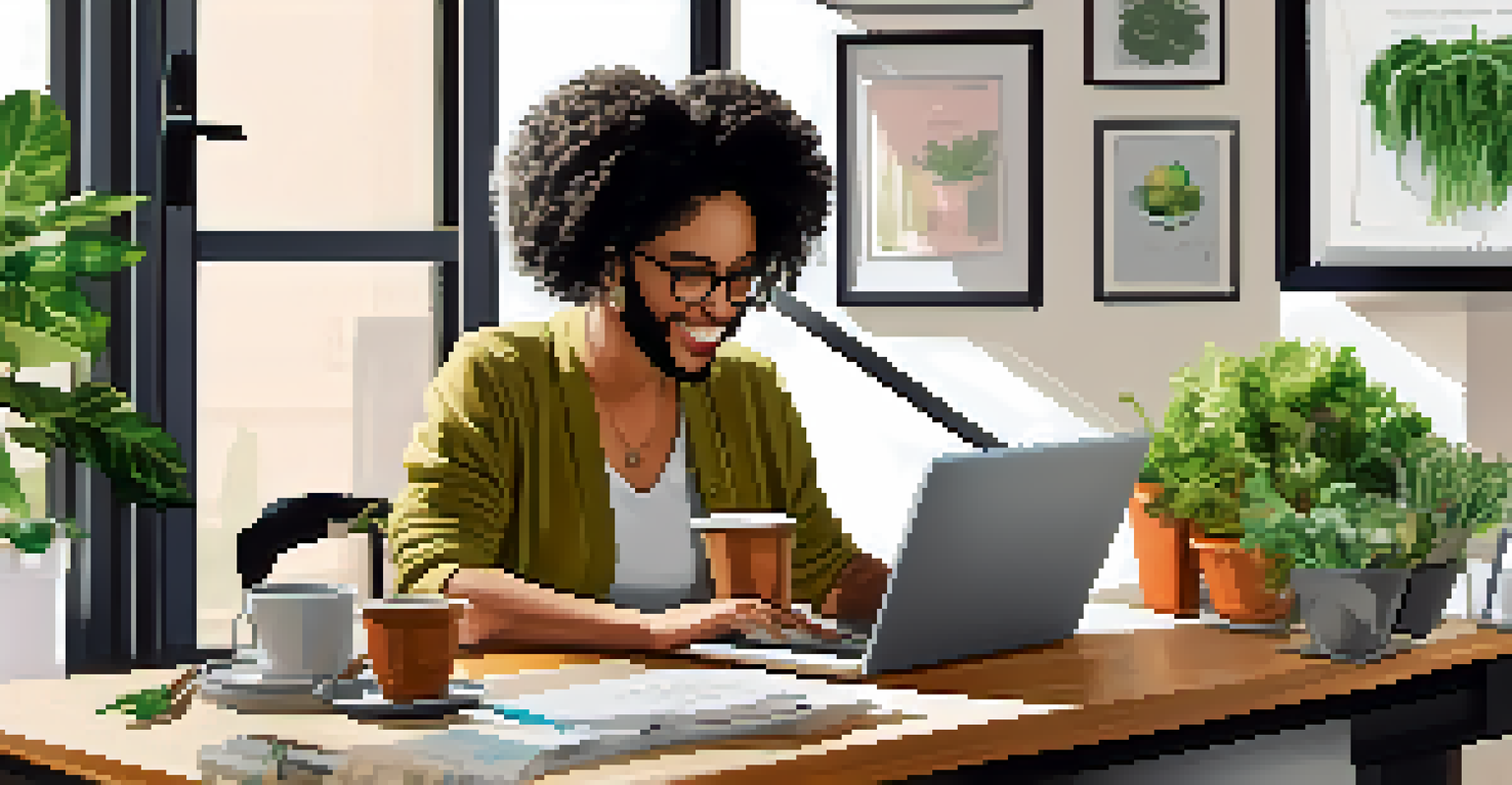 A busy professional at a desk enjoying a colorful vegan meal, with a laptop and plants in the background.