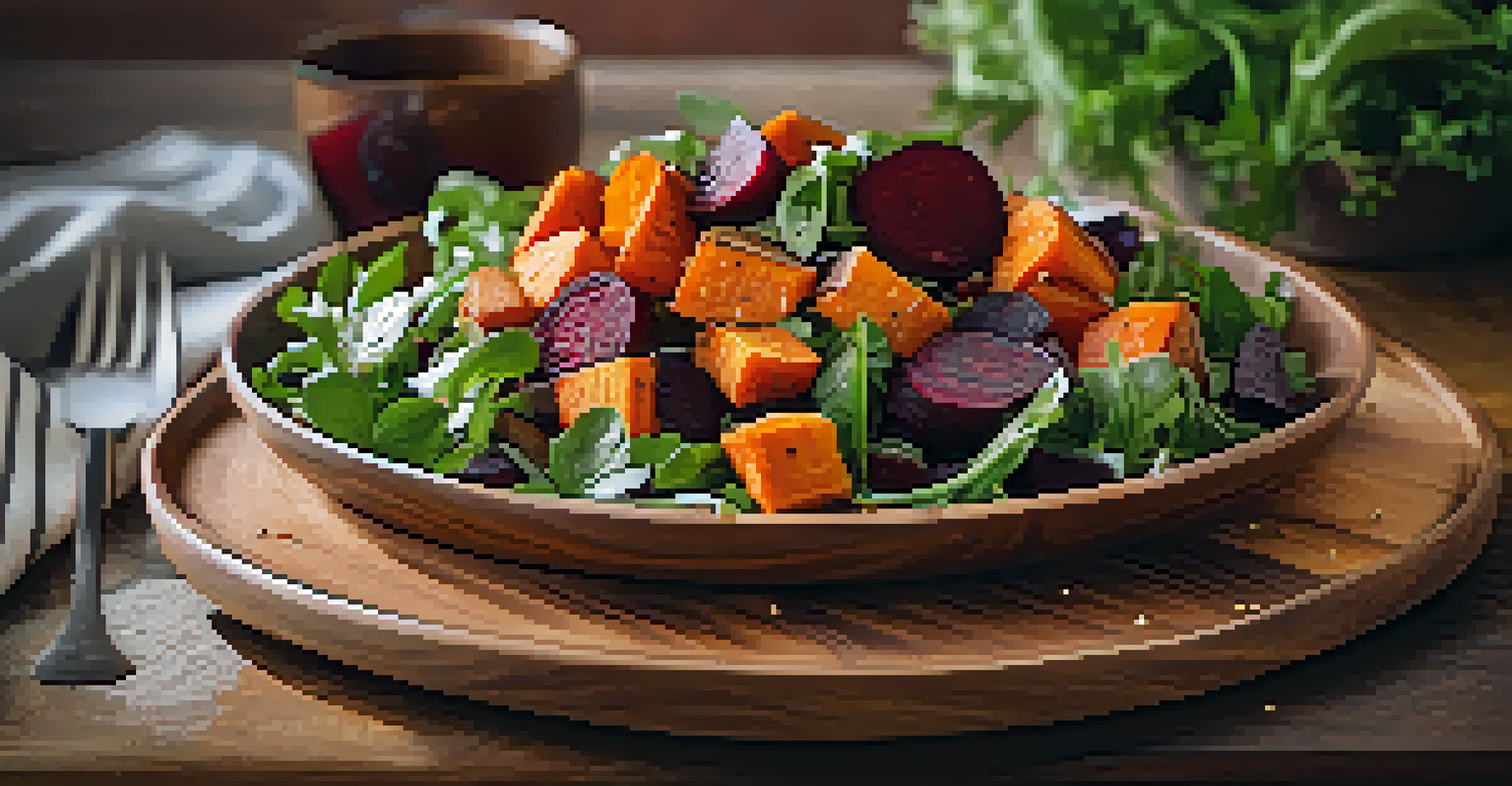 A colorful roasted root vegetable salad served on a wooden platter, featuring sweet potatoes, carrots, and beets with greens.