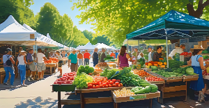 A bustling farmer's market filled with fresh, colorful produce and diverse people interacting under dappled sunlight.