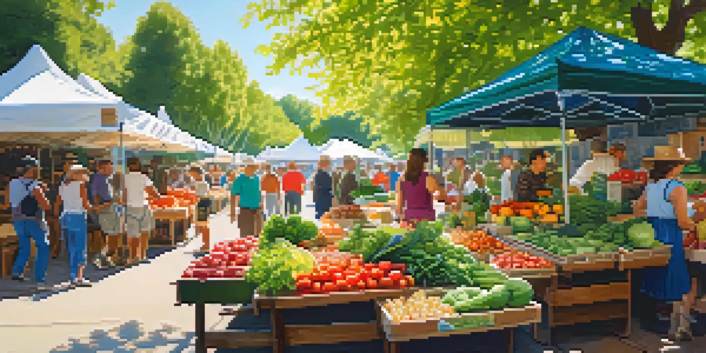 A bustling farmer's market filled with fresh, colorful produce and diverse people interacting under dappled sunlight.