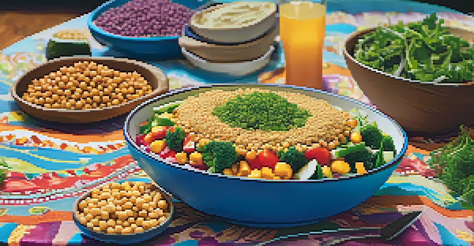 A colorful Buddha bowl with grains, chickpeas, and vegetables on a patterned tablecloth, accompanied by hummus and sliced veggies, all in bright lighting.